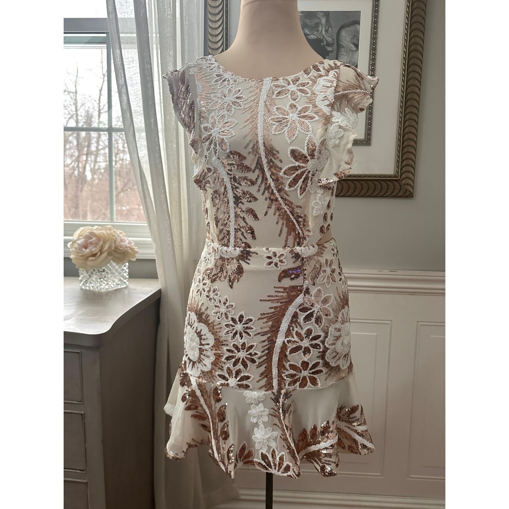 Leslie Selfie‎ Fit & Flare Sequin Mesh White Rose Gold Fairycore Mini Size S
